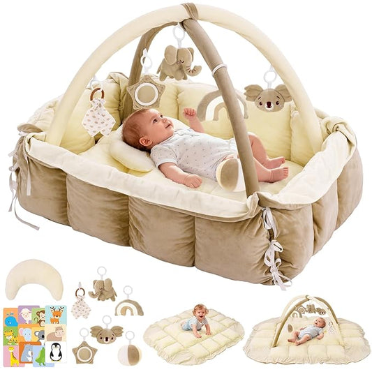 5-in-1 Baby Play Gym and Tummy Time Mat, Tummy Time Pillow & 12 Learning Cards, Plush Activity Mat with 6 Toys, Baby Gym, Convertible to Ball Pit, Cream