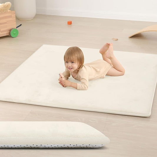 Baby Play Mat for Floor,1.3" Thick Elasti-Foam 50"×50" Playpen Mat for Tummy Time,Water Repellent Soft Coral Velvet for Toddler,Infant,Kids,Non-Slip Backing Safe for Crawling(Cream)
